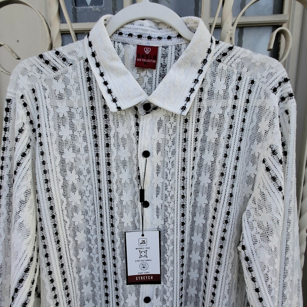 Suslo Collection Sexy Sheer White Floral Lace Button Sleeved Shirt Men Size XL - Picture 4 of 16